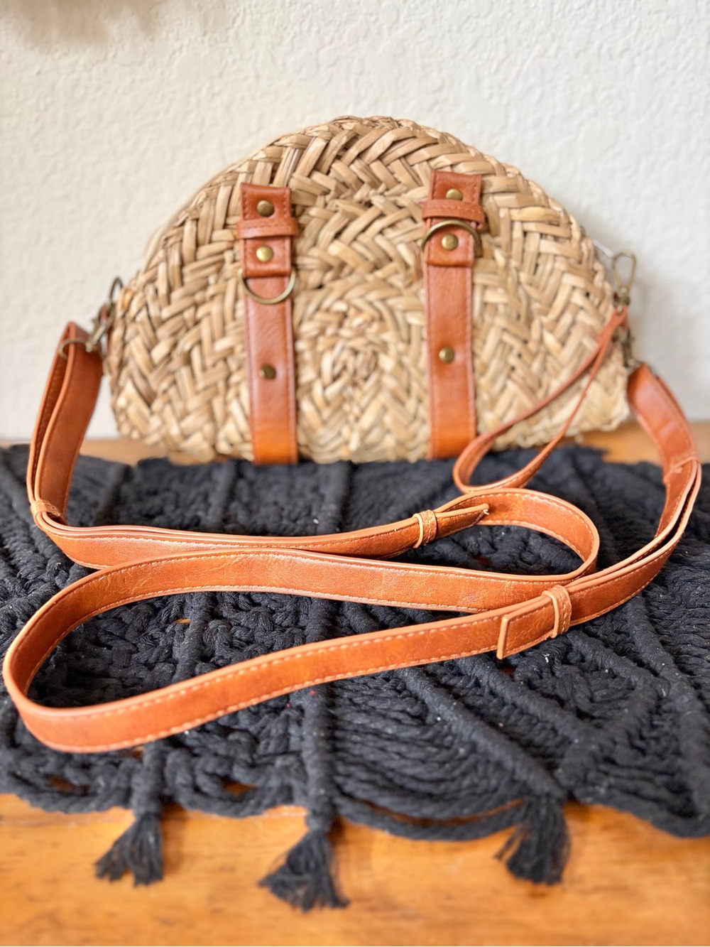 Woven Straw Crossbody Bag with Faux Tan Leather Trim